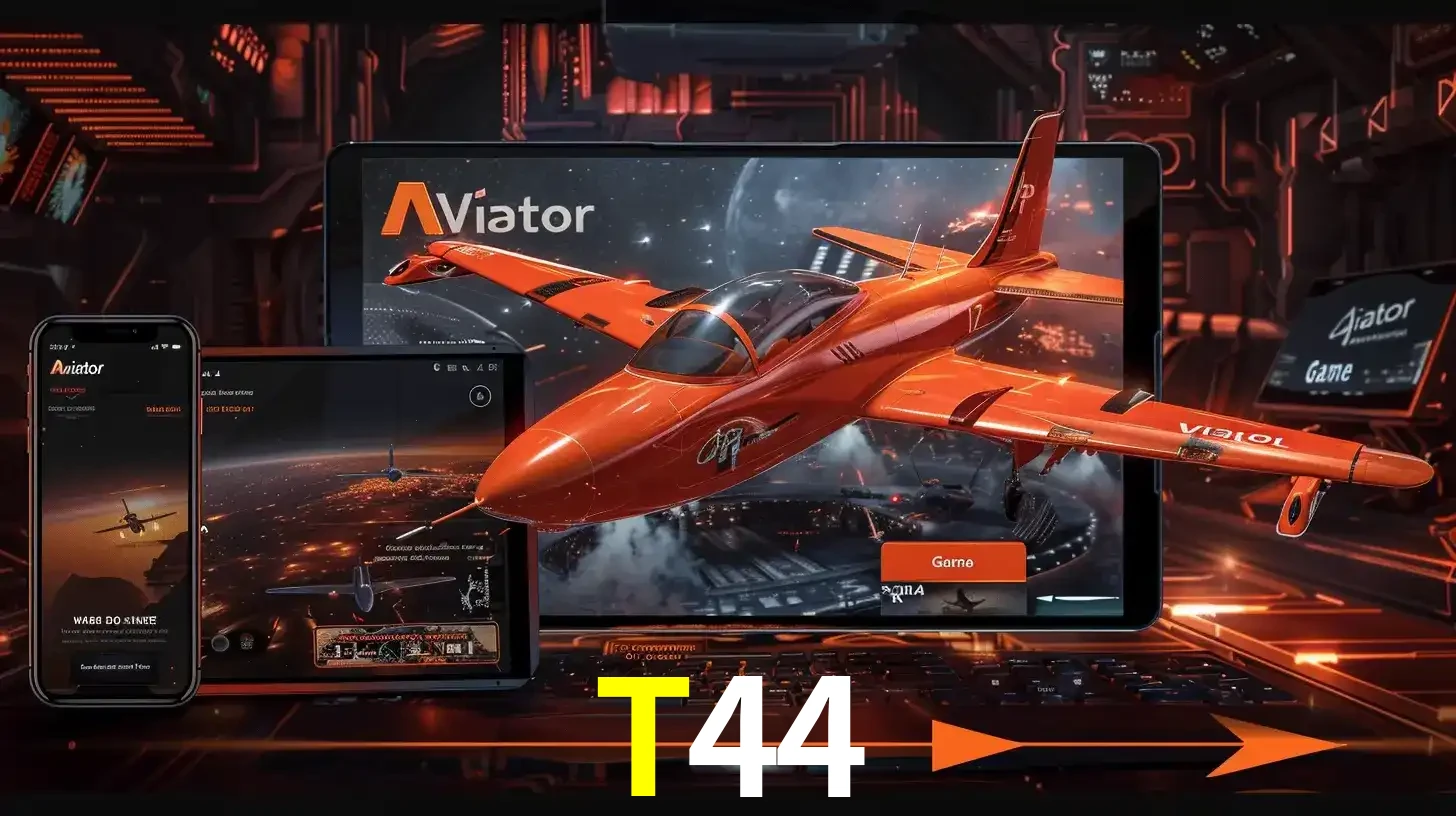 Apresentação tecnológica do jogo Aviator com um avião saindo da tela de um tablet, demonstrando a experiência imersiva em múltiplos dispositivos no T44.