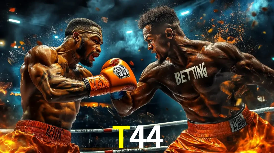 Dois boxeadores em uma luta intensa e explosiva, representando a adrenalina e as oportunidades de apostas em esportes de combate disponíveis na plataforma T44.