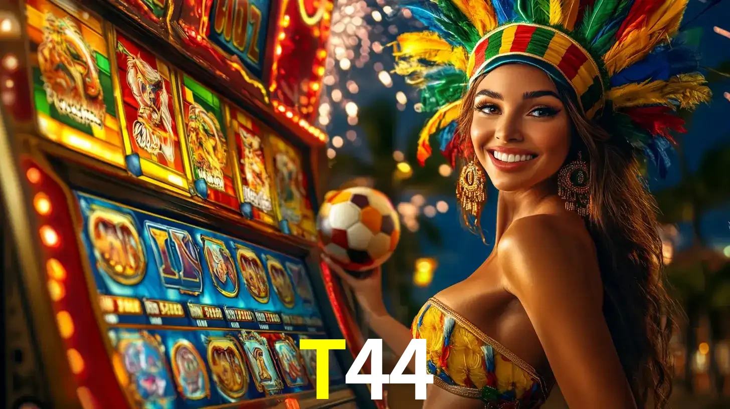 Mulher com um cocar de carnaval ao lado de uma máquina de caça-níqueis enquanto segura uma bola de futebol, mostrando a união da diversão de cassino e esportes no T44.