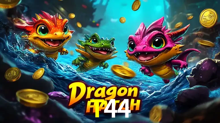 Arte promocional do jogo Dragon Hatch com três adoráveis dragões bebês nadando entre moedas de ouro, um dos slots mais divertidos para jogar no cassino T44.