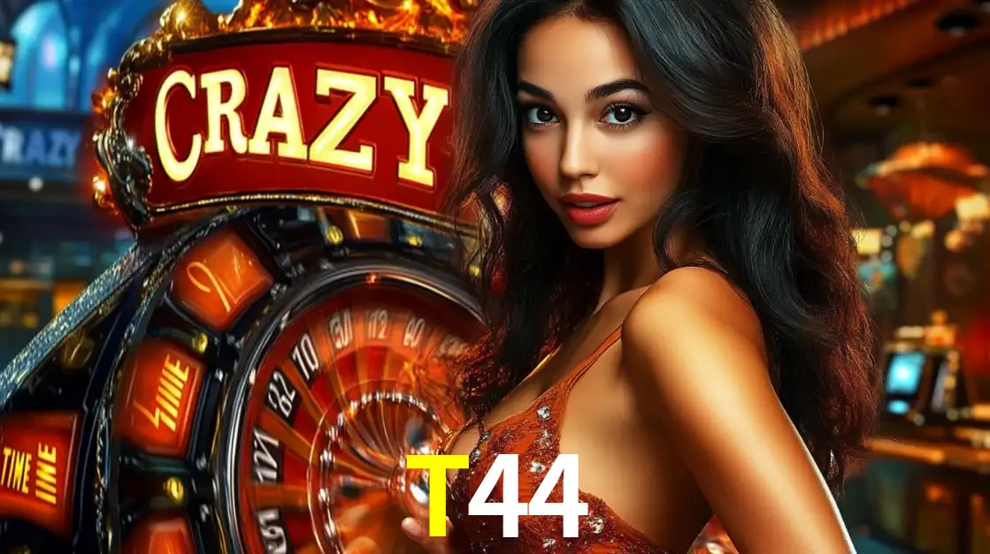 Mulher glamourosa olhando para a câmera com a roda vermelha do Crazy Time ao fundo em um ambiente de cassino, destacando a emoção dos jogos ao vivo no T44.