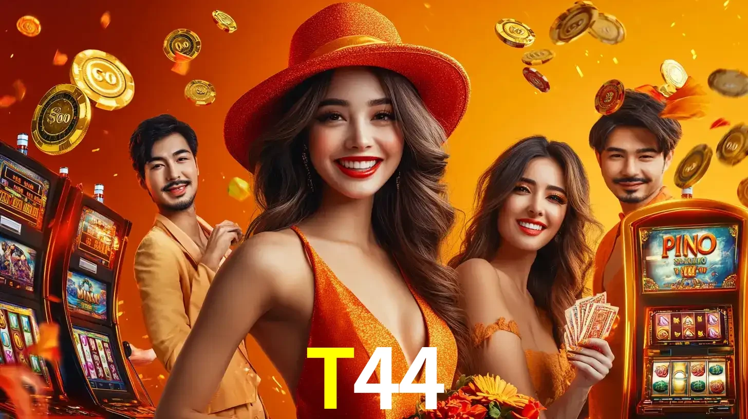 Grupo de amigos asiáticos sorrindo e se divertindo com máquinas de caça-níqueis em um ambiente festivo, celebrando suas vitórias nos jogos de cassino do T44.