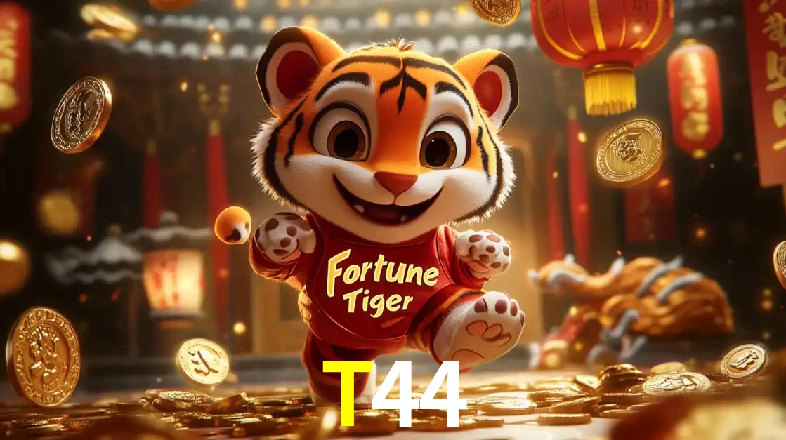O alegre personagem do Fortune Tiger correndo sobre um caminho de moedas de ouro, simbolizando os grandes prêmios e a diversão do popular jogo de slot do T44.