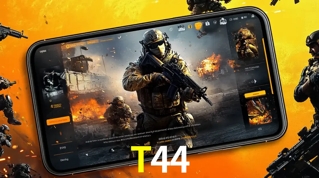 Um smartphone exibindo a interface de um jogo de tiro em primeira pessoa, com um soldado em um cenário de batalha, representando a ação dos e-sports para apostar no T44.