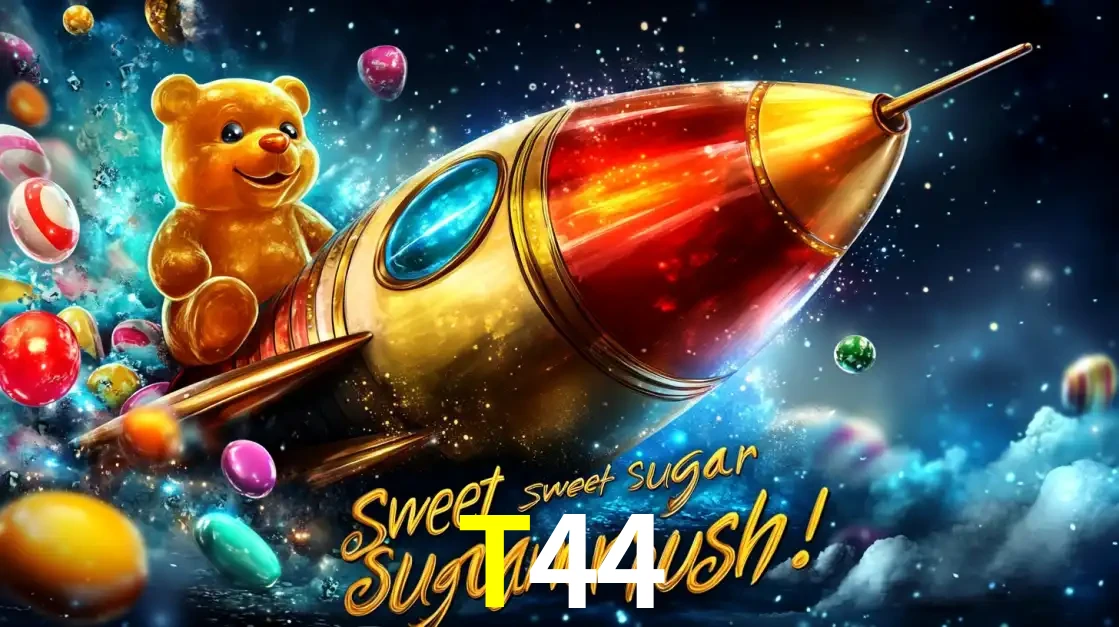 Arte promocional do jogo de slot Sugar Rush, com um urso de pelúcia em um foguete viajando pelo espaço de doces, um dos jogos divertidos disponíveis no cassino T44.
