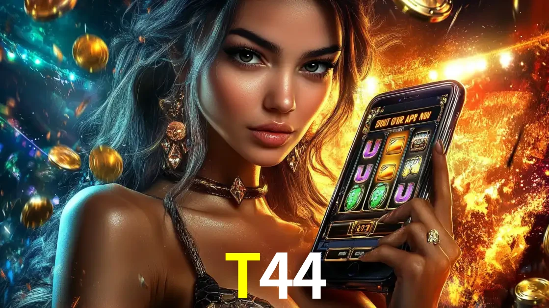 Mulher elegante mostrando um jogo de caça-níqueis em seu smartphone, destacando a experiência de cassino móvel oferecida pelo aplicativo T44.