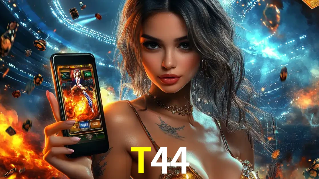 Mulher segurando um celular com um jogo de slot em destaque, tendo como fundo um estádio vibrante, simbolizando a emoção de jogar no cassino móvel T44.